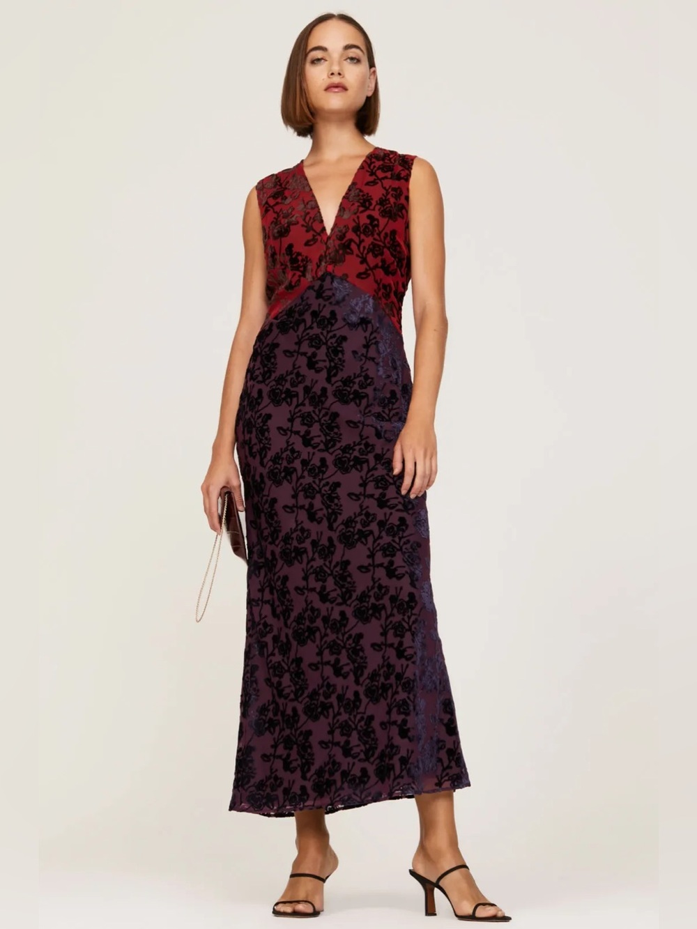 Marina Moscone S/M Floral Red Purple Velvet Maxi Dress